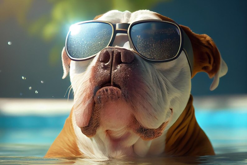 a bulldog bathes in sunglasses