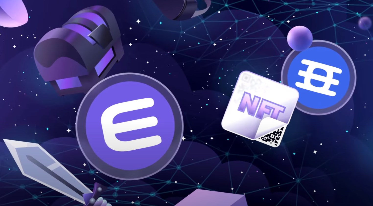 Enjin Coin concept: various 2D gaming, ENJ, and NFT icons floating in space