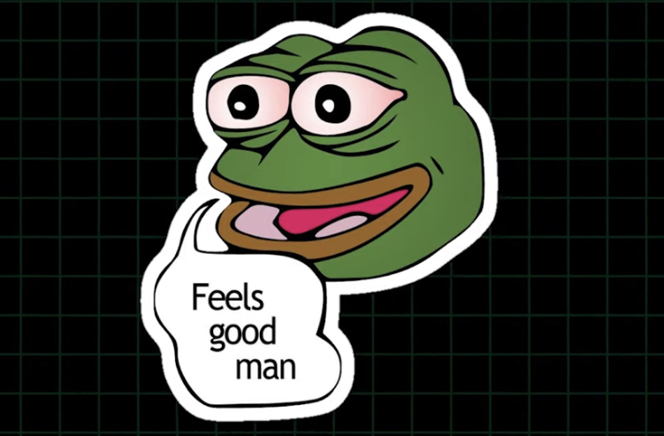 "Pepe the Frog" meme character with a speech bubble that reads "Feels good man"