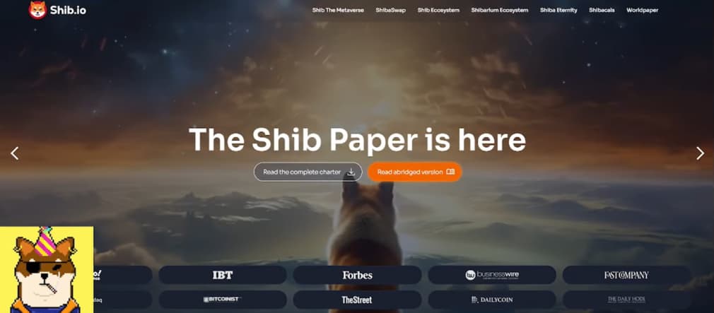 A Shiba Inu cartoon character atop a website banner for Shib.io with a twilight backdrop