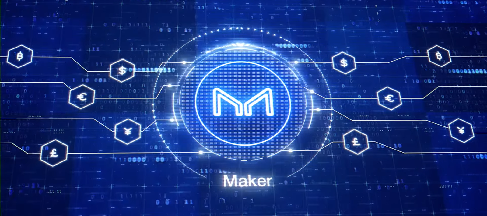 Digital representation of Maker Coin logo with blockchain elements in the background