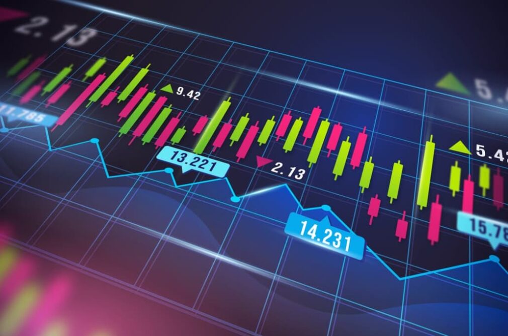 Alt: A colorful financial chart depicting candlesticks and a fluctuating line graph