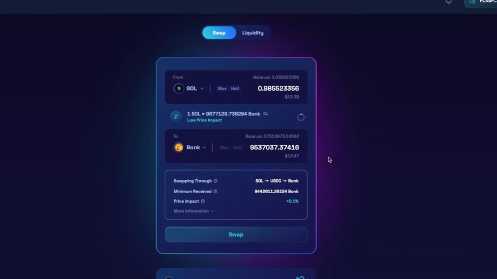 Alt: A digital interface showing a swap transaction from SOL to Bonk cryptocurrency