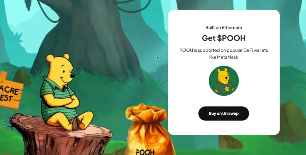 Winnie the Pooh sitting on a log with a sign "Get $POOH" and a bag of coins