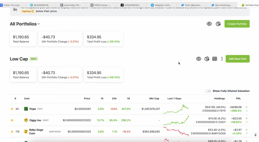 A screenshot of a cryptocurrency portfolio tracking page