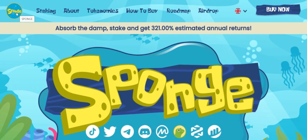 A website banner for Sponge Coin featuring aquatic-themed graphics